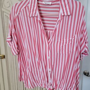 beachlunchlounge Pink and White Striped Button-Front Shirt